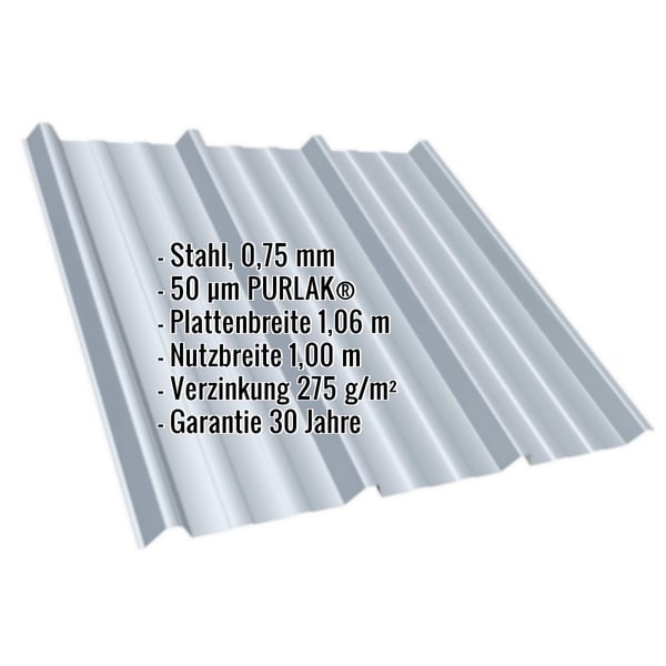 Trapezblech T45/333MD aus Stahl 0,75 mm in Weißaluminium, mit PURLAK Beschichtung, Eckdaten eingeblendet