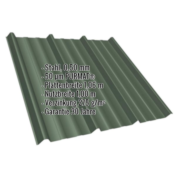 Trapezblech T45/333MD Dach, Stahl 0,50 mm, gruen RAL 6010, mit eingeblendeten Eckdaten