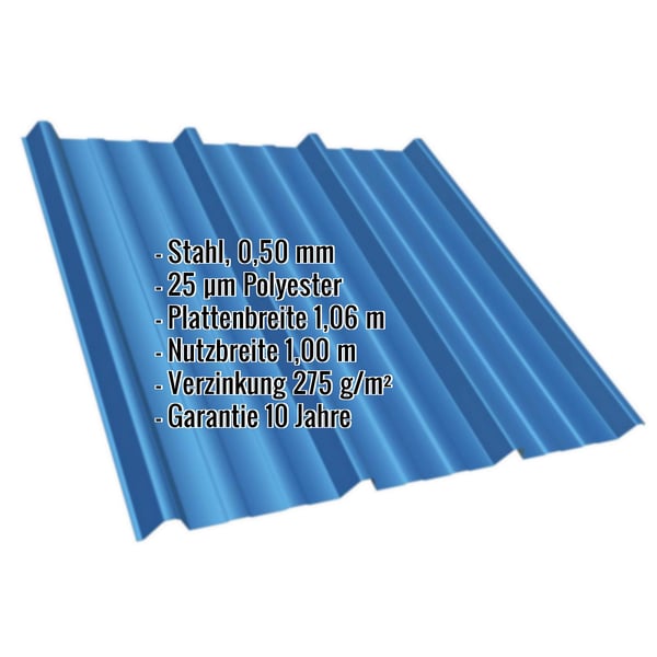 Trapezblech T45/333MD Enzianblau RAL 5010, 0,50 mm Stahl, mit eingeblendeten Eckdaten