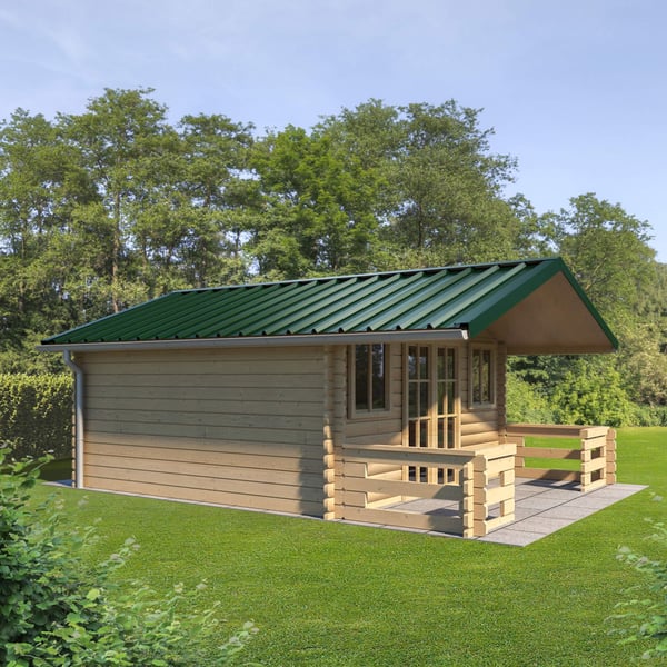 Trapezblech T45/333MD in Moosgrün auf einem Gartenhaus, Anwendungsbeispiel