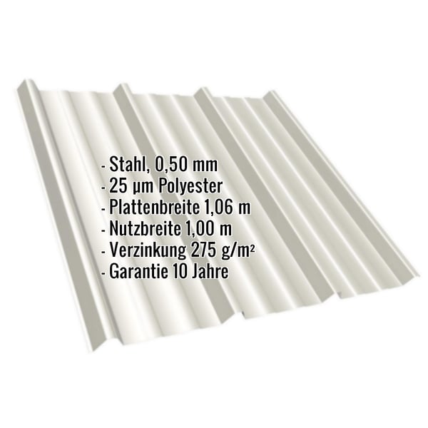 Trapezblech T45/333MD Grauweiß (RAL 9002) mit eingeblendeten technischen Daten und Garantiehinweis