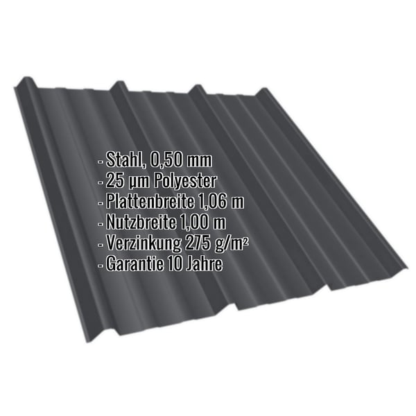 Trapezblech T45/333MD Tiefschwarz RAL 9005 mit eingeblendeten Eckdaten zu Material, Staerke und Beschichtung