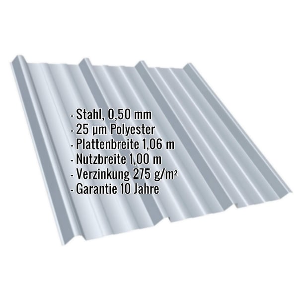Trapezblech T45/333MD Weißaluminium RAL 9006, 0,50 mm Stahl, mit eingeblendeten Eckdaten