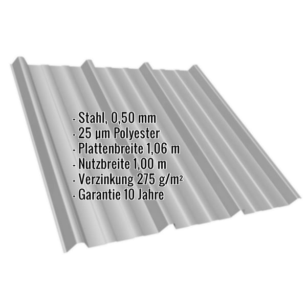 Trapezblech T45/333MD Graualuminium 0,50 mm, mit eingeblendeten Eckdaten zu Material, Beschichtung und Massen