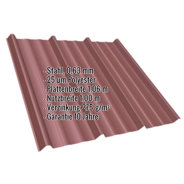 Trapezblech T45/333MD, Rotbraun RAL 8012, mit eingeblendeten Eckdaten zu Material, Staerke und Beschichtung