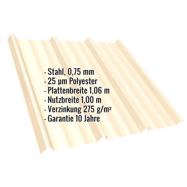Trapezblech T45/333MD Hellelfenbein mit eingeblendeten Eckdaten zu Material, Staerke und Beschichtung