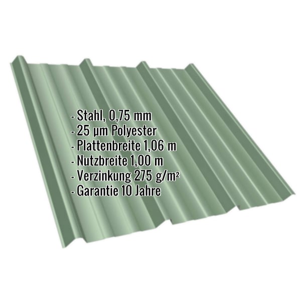 Trapezblech T45/333MD Resedagrün, 0,75 mm Stahl, mit eingeblendeten Eckdaten zu Material und Massen
