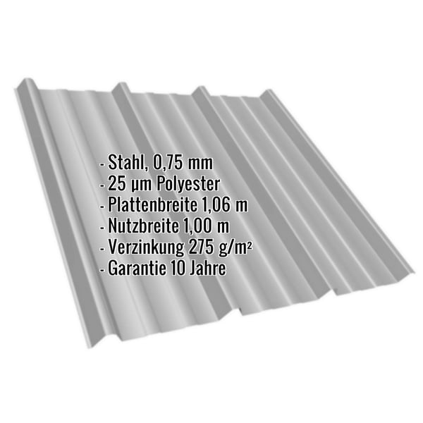 Trapezblech T45/333MD Graualuminium mit eingeblendeten Eckdaten: Stahl, 0,75 mm, 25 µm Polyester, Plattenbreite 1,06 m