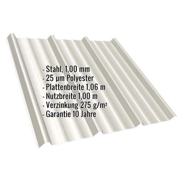 Trapezblech T45/333MD Grauweiß (RAL 9002) mit eingeblendeten Eckdaten zu Material, Stärke und Beschichtung