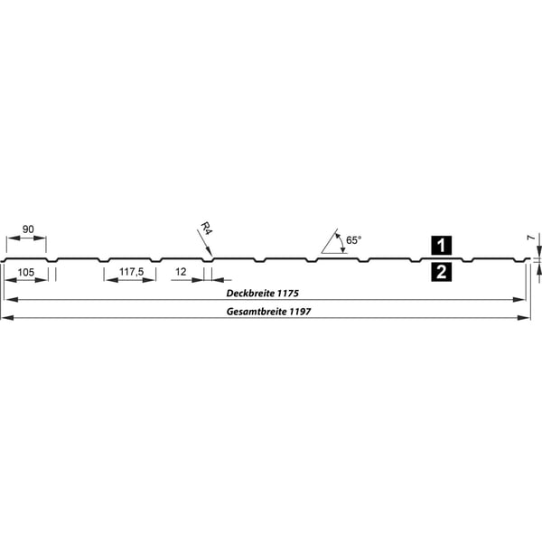 Technische Zeichnung des Trapezblech T7M Profils mit Massangaben fuer Deckbreite 1175 und Gesamtbreite 1197