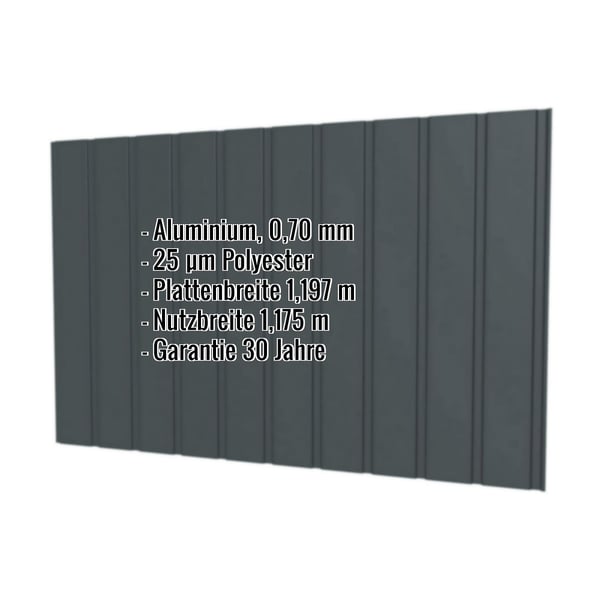 Trapezblech T7M Aluminium 0,70 mm Anthrazitgrau RAL 7016 mit eingeblendeten Eckdaten