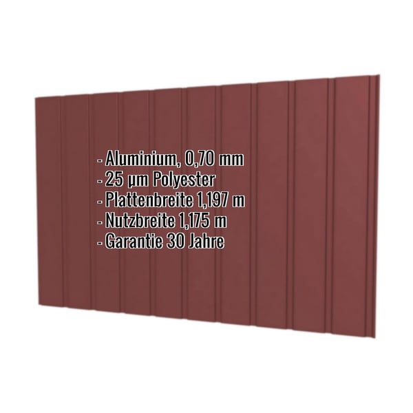 Trapezblech T7M Wand Rotbraun RAL 8012, 0,70 mm Aluminium, mit eingeblendeten Eckdaten