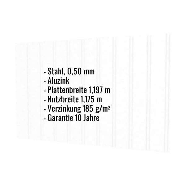 Trapezblech T7M Aluzink, 0,50 mm, mit eingeblendeten Eckdaten zu Material, Breite und Garantie