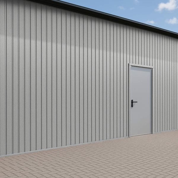 Trapezblech T7M Aluzink 0,63 mm als Wandverkleidung eines Gebaeudes mit Tuer
