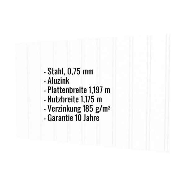 Infografik: Trapezblech T7M Aluzink, 0,75 mm Stahl, mit Eckdaten zu Breite, Verzinkung und Garantie