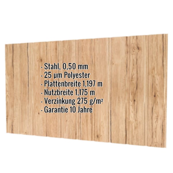 Trapezblech T7M Wand Ahorn 0,50 mm, mit eingeblendeten Eckdaten zu Material, Staerke und Beschichtung