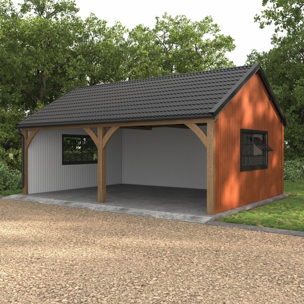 Carport mit Wandverkleidung aus Trapezblech T7M Eiche und weissem Trapezblech