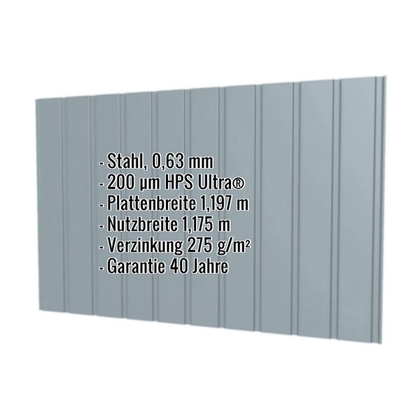 Trapezblech T7M Wand Fenstergrau mit eingeblendeten Eckdaten zu Material, Staerke und Beschichtung