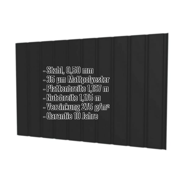 Trapezblech T7M Wand, schwarz, mit eingeblendeten technischen Daten wie Material, Staerke und Beschichtung