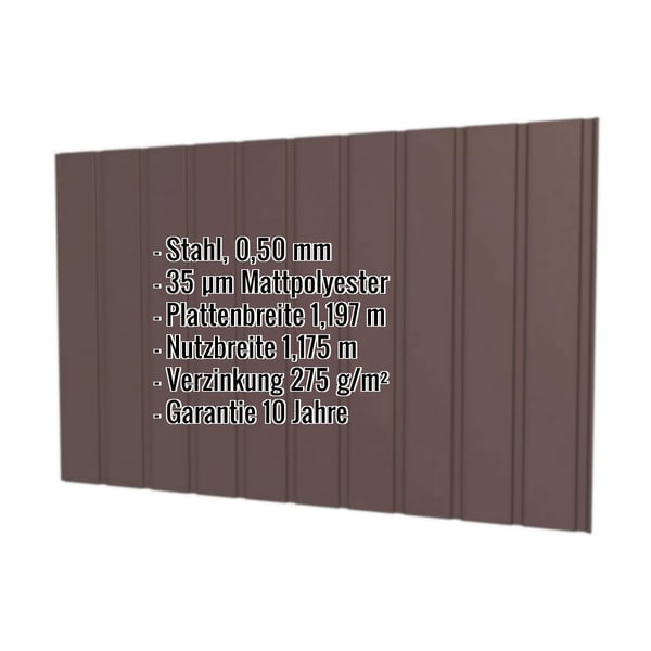 Trapezblech T7M Wand Schokoladenbraun RAL 8017 mit eingeblendeten Eckdaten zu Material, Staerke und Beschichtung
