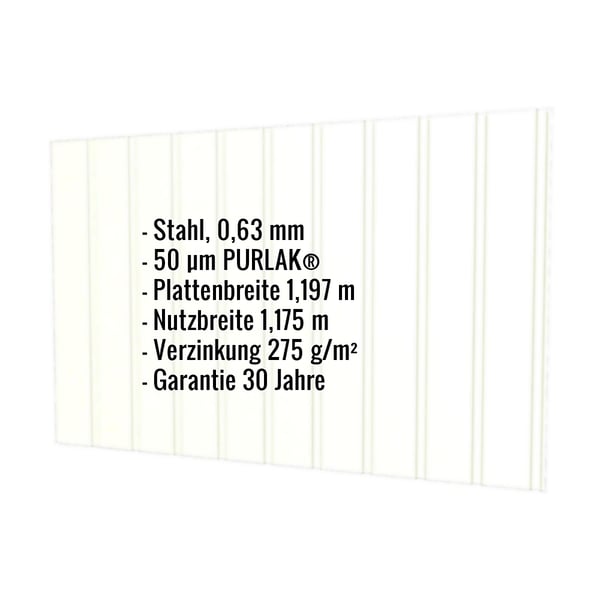Trapezblech T7M Wand, Grauweiß RAL 9002, mit eingeblendeten Eckdaten zu Material, Stärke und Beschichtung