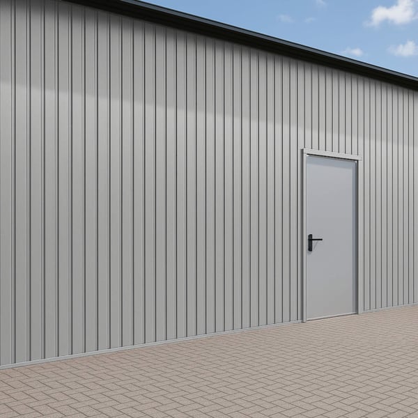 Trapezblech T7M Wand Weißaluminium (RAL 9006) an einer Gebaeudewand mit Tuer