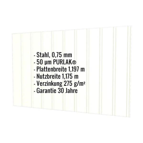 Trapezblech T7M Wand Grauweiß RAL 9002 mit eingeblendeten Eckdaten zu Material, Stärke und Beschichtung