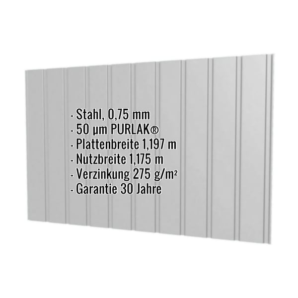 Trapezblech T7M Wand Weißaluminium mit eingeblendeten Eckdaten zu Material, Staerke und Beschichtung