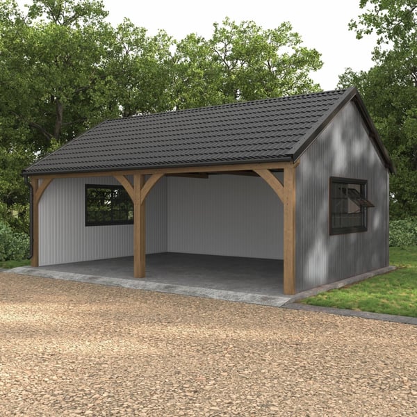 Carport mit weißaluminium Trapezblech T7M Wandverkleidung und Holzstuetzen in natuerlicher Umgebung