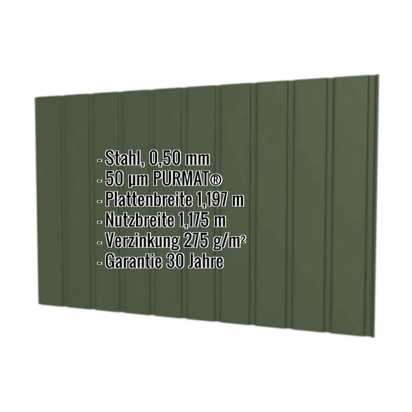 Trapezblech T7M Wand, Stahl 0,50 mm, gruen RAL 6010, mit PURMAT Beschichtung und Eckdaten-Einblendung