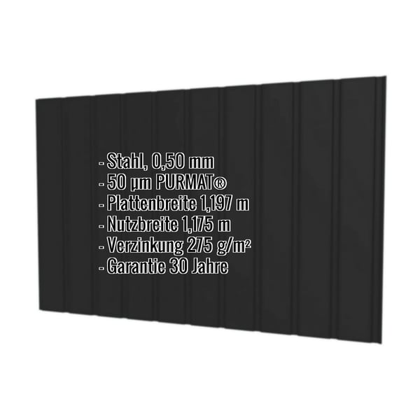 Trapezblech T7M Wand 0,50 mm Stahl Schwarz, infografik mit Eckdaten zu Material, Staerke und Beschichtung