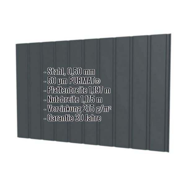 Trapezblech T7M Wand Anthrazitgrau, 0,50 mm Stahl, mit eingeblendeten Eckdaten