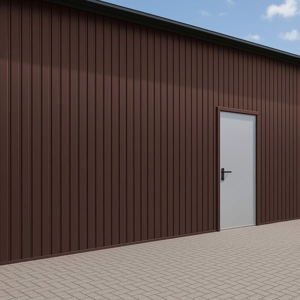 Trapezblech T7M Wand, Schokoladenbraun RAL 8017, 0,50 mm, an einer Gebaeudewand mit Tuer