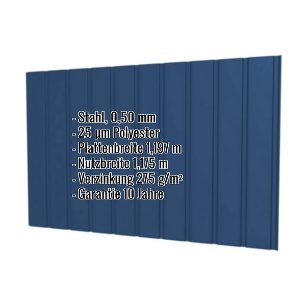 Trapezblech T7M Enzianblau mit eingeblendeten Eckdaten zu Material, Staerke, Beschichtung und Massen