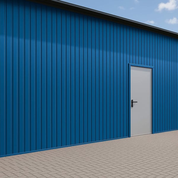 Trapezblech T7M Wand Enzianblau RAL 5010 als Fassadenverkleidung mit weisser Tuer