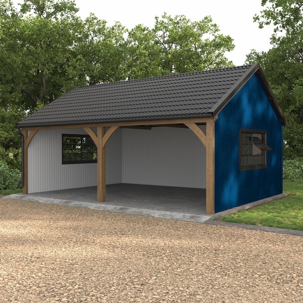 Carport mit Trapezblech T7M Wand Enzianblau RAL 5010 als Seitenverkleidung, Holzkonstruktion