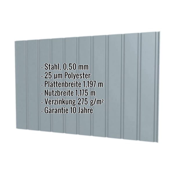 Trapezblech T7M Fehgrau, 0,50 mm Stahl, mit Polyesterbeschichtung und eingeblendeten Eckdaten