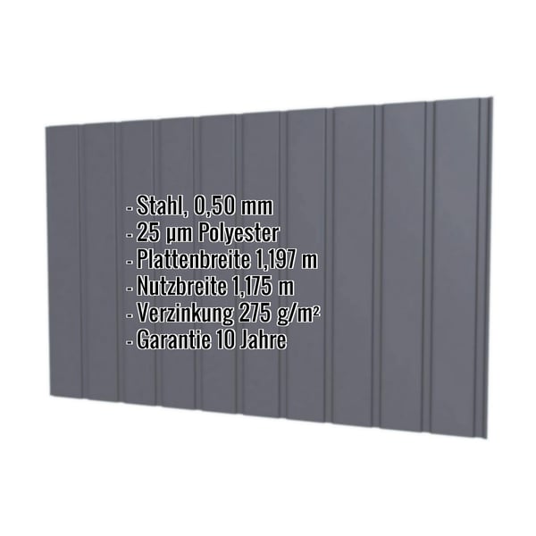 Trapezblech T7M Wand Graphitgrau RAL 7024 mit eingeblendeten Eckdaten zu Material, Staerke und Beschichtung