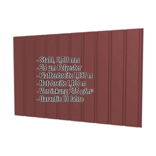 Trapezblech T7M Wand Rotbraun RAL 8012, 0,50 mm Stahl, mit eingeblendeten Eckdaten