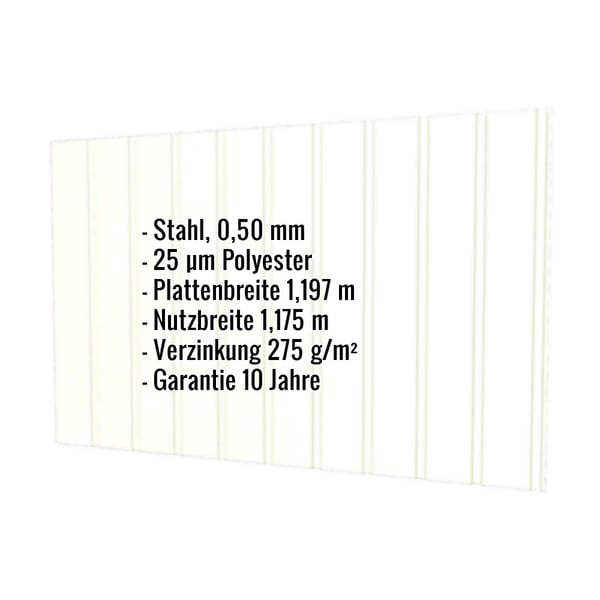 Trapezblech T7M Wand Grauweiß RAL 9002 mit eingeblendeten Eckdaten zu Material, Stärke und Beschichtung