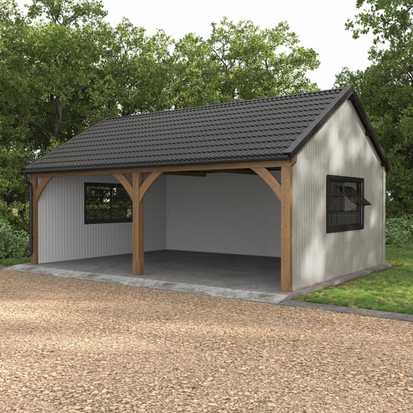 Trapezblech T7M Wand Grauweiß RAL 9002, 0,50 mm Stahl, an einer Garage mit Holzkonstruktion verbaut