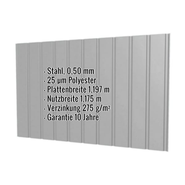 Trapezblech T7M Wand Graualuminium RAL 9007 mit eingeblendeten Eckdaten zu Material, Staerke und Beschichtung
