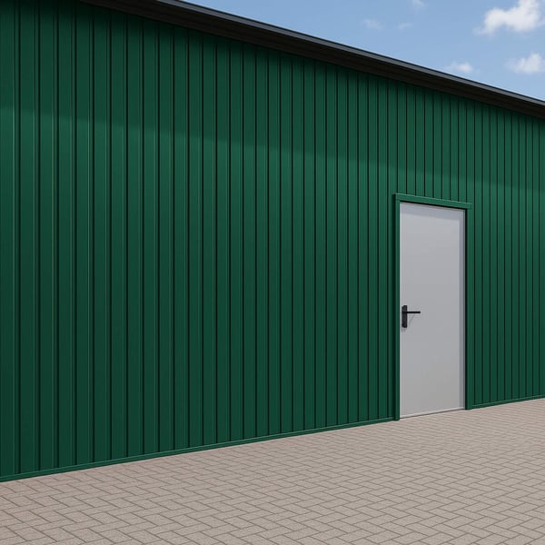 Trapezblech T7M Wand Moosgrün RAL 6005 als Fassadenverkleidung mit weißer Tür