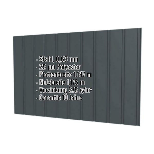 Trapezblech T7M Wand Anthrazitgrau RAL 7016 Stahl 0,63 mm mit Polyesterbeschichtung und eingeblendeten Eckdaten