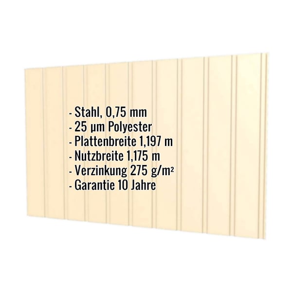 Trapezblech T7M Wand Hellelfenbein RAL 1015, 0,75 mm Stahl, mit eingeblendeten Eckdaten