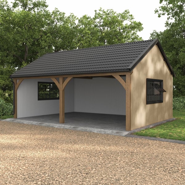 Carport mit Wandverkleidung aus hellelfenbeinfarbenem Trapezblech T7M