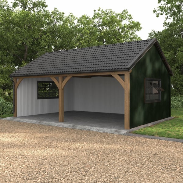 Carport mit Seitenwand aus weissem Trapezblech und Rueckwand aus gruenem Trapezblech T7M