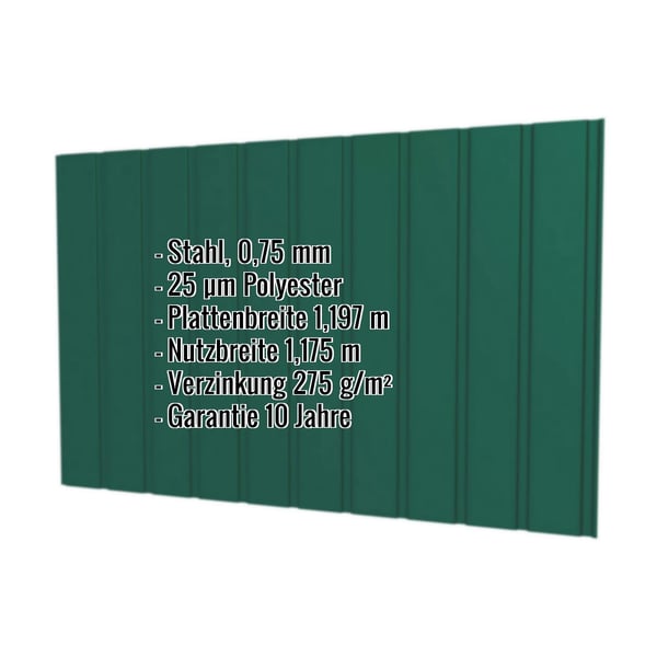 Trapezblech T7M Wand Moosgrün RAL 6005 mit eingeblendeten Eckdaten zu Material, Stärke und Beschichtung