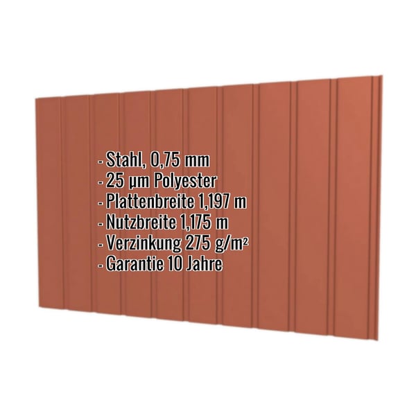 Trapezblech T7M Wand Kupferbraun, Stahl 0,75 mm, Polyester 25 µm, mit eingeblendeten Eckdaten