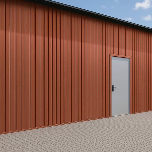 Trapezblech T7M Wand Kupferbraun RAL 8004 an einer Gebaeudefassade mit Tuer, 0,75 mm Stahl